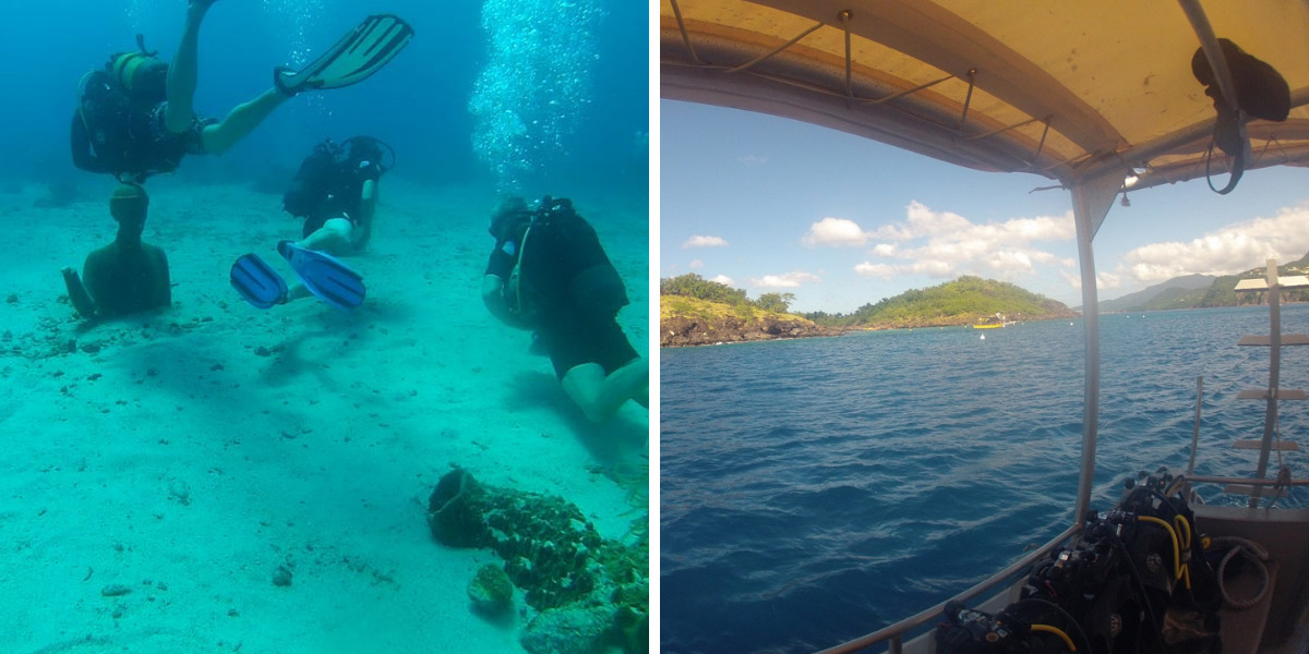 Site de plongée en Guadeloupe avec le buste de Cousteau